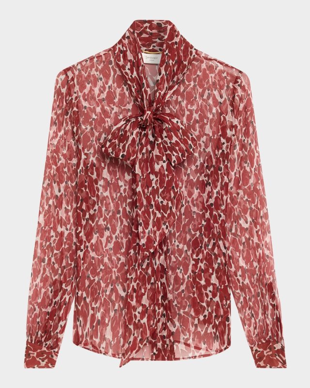 Semi-Sheer Printed Tie Neck Blouse